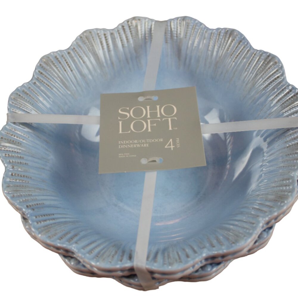 Soho Loft Melamine Bowls 8" Cereal Soup Light Blue Scalloped Edge Set of 4 NWT